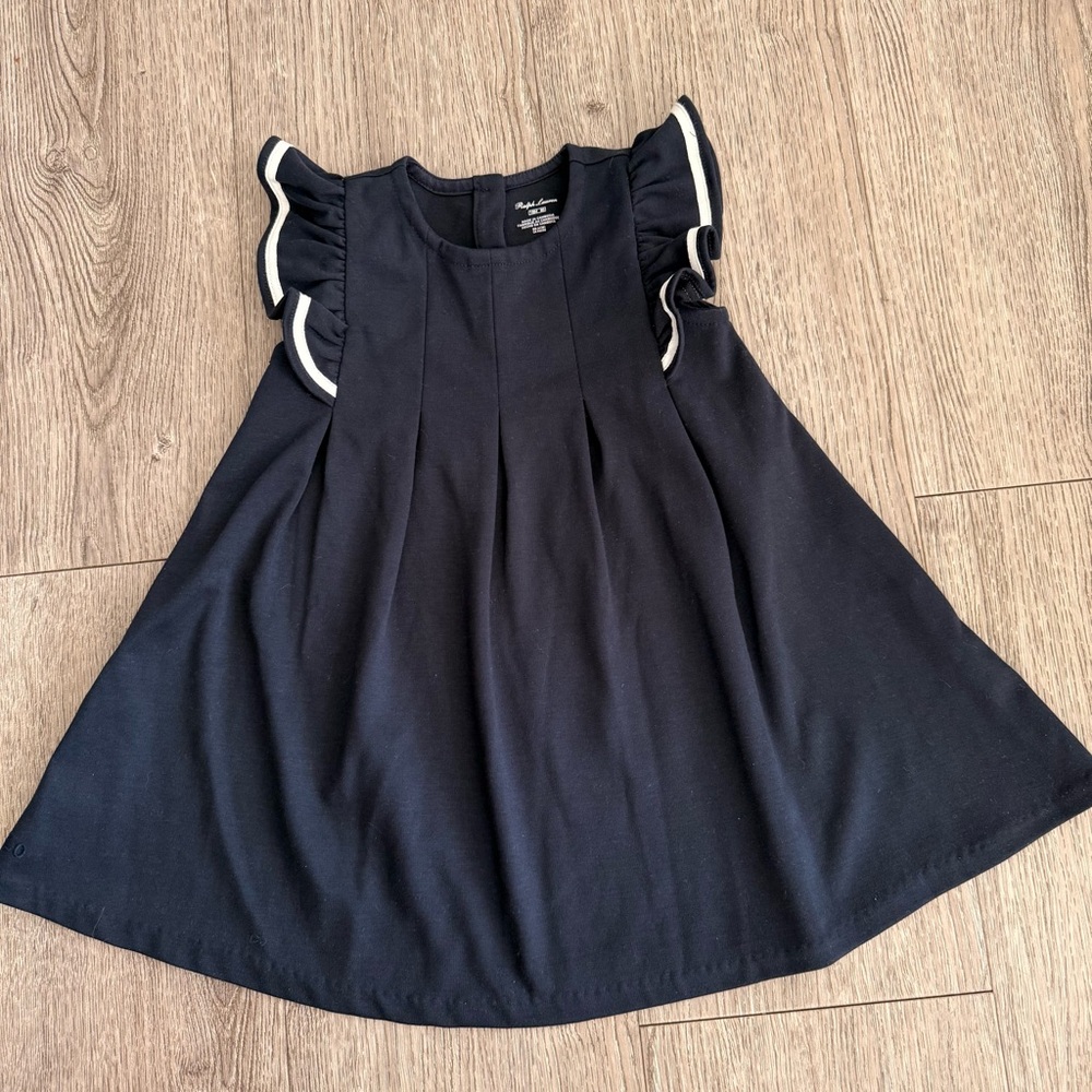 Ralph Lauren Pleated Dress Navy Blue White Ruffled Ribbon Cap Sleeves 18 month